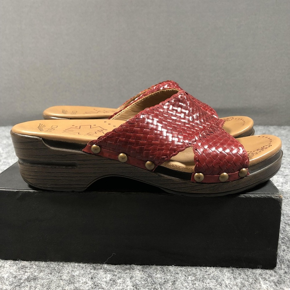 Dansko Mila Clogs Sandals Womens 7.5 Red Woven Leather Studded Wedge Comfort - Picture 8 of 16